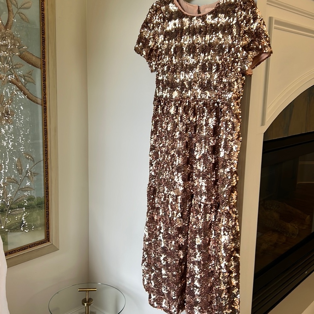 Maeve Bernadette Gold Sequin Midi Dress